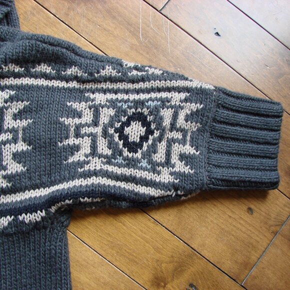 Chunky Knit Cardigan Sweater Gray Cream Aztec Pattern Wool Alpaca Blend Medium - Picture 12 of 16